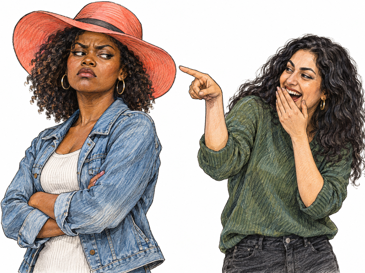 A woman withdraws in offended anger while a peer visibly mocks her conspicuous new hat.