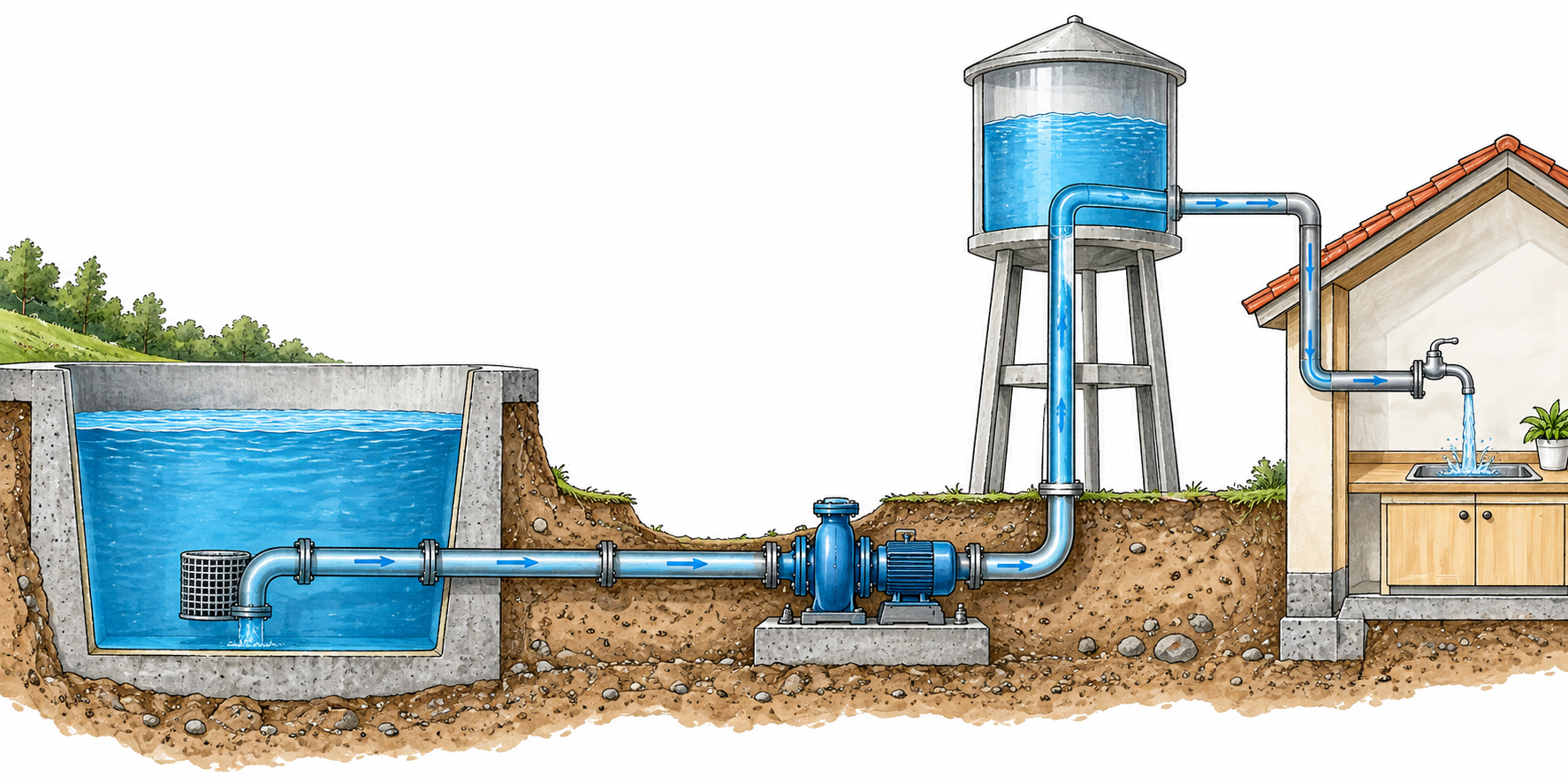 Water system connected reservoir pipes pump and household tap, simple clear cutaway.