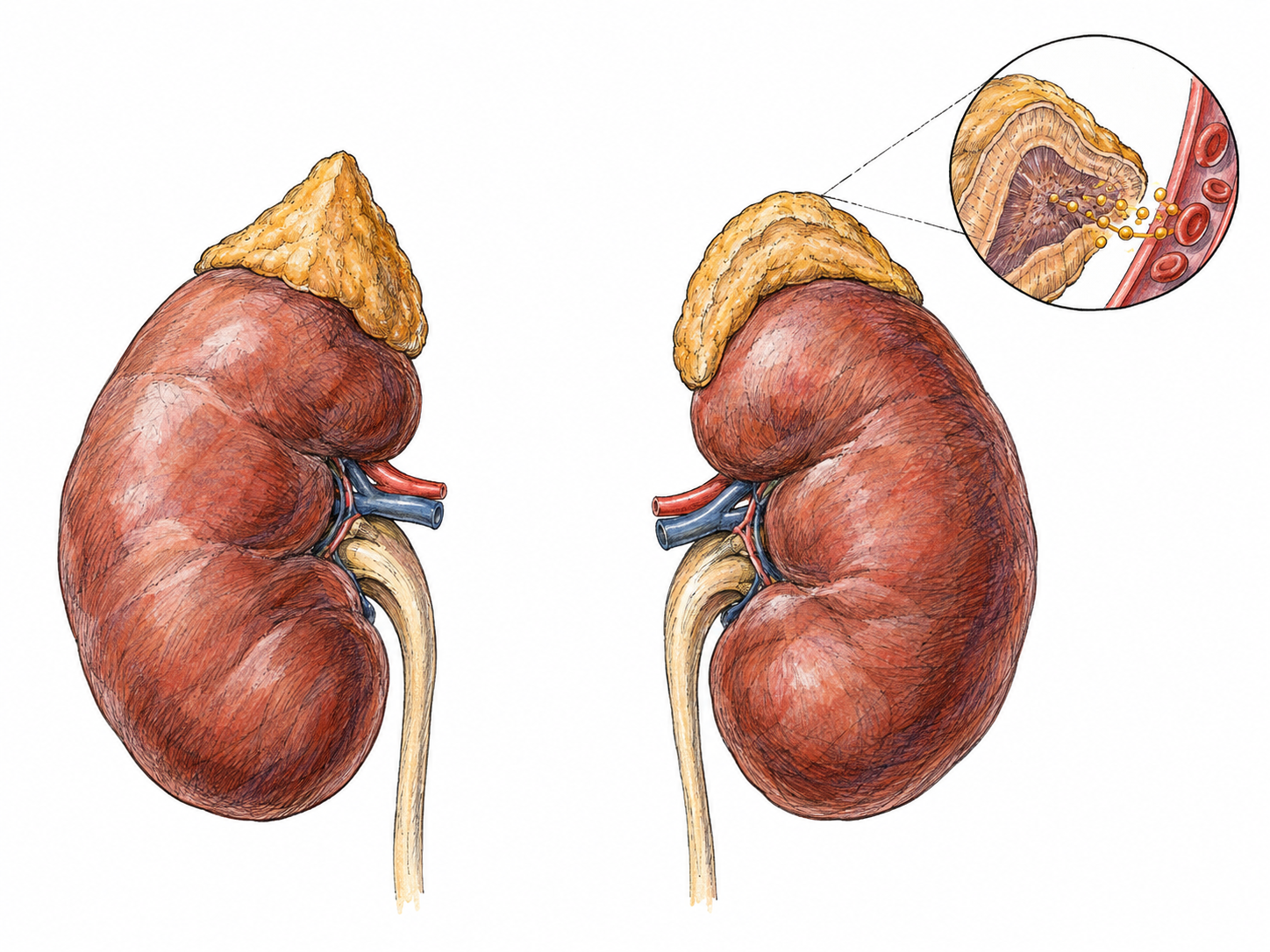 An isolated anatomical illustration of the two kidneys with their adrenal glands visibly perched above them.