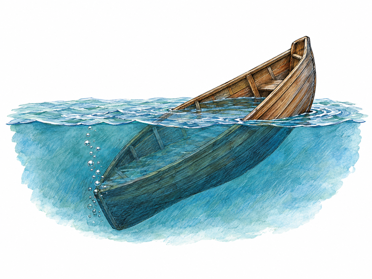 An unoccupied small wooden rowboat sinking bow-first, with its bow visibly below the water surface and only its raised stern remaining above water.