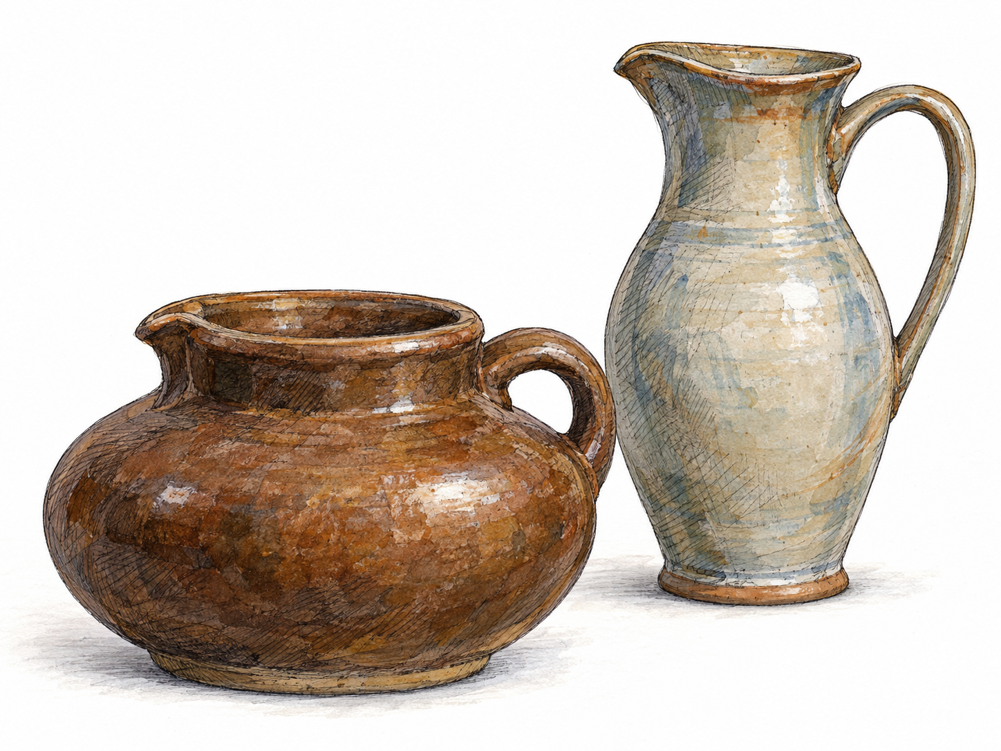 A squat, ungainly ceramic pitcher beside a slender pitcher of comparable capacity.