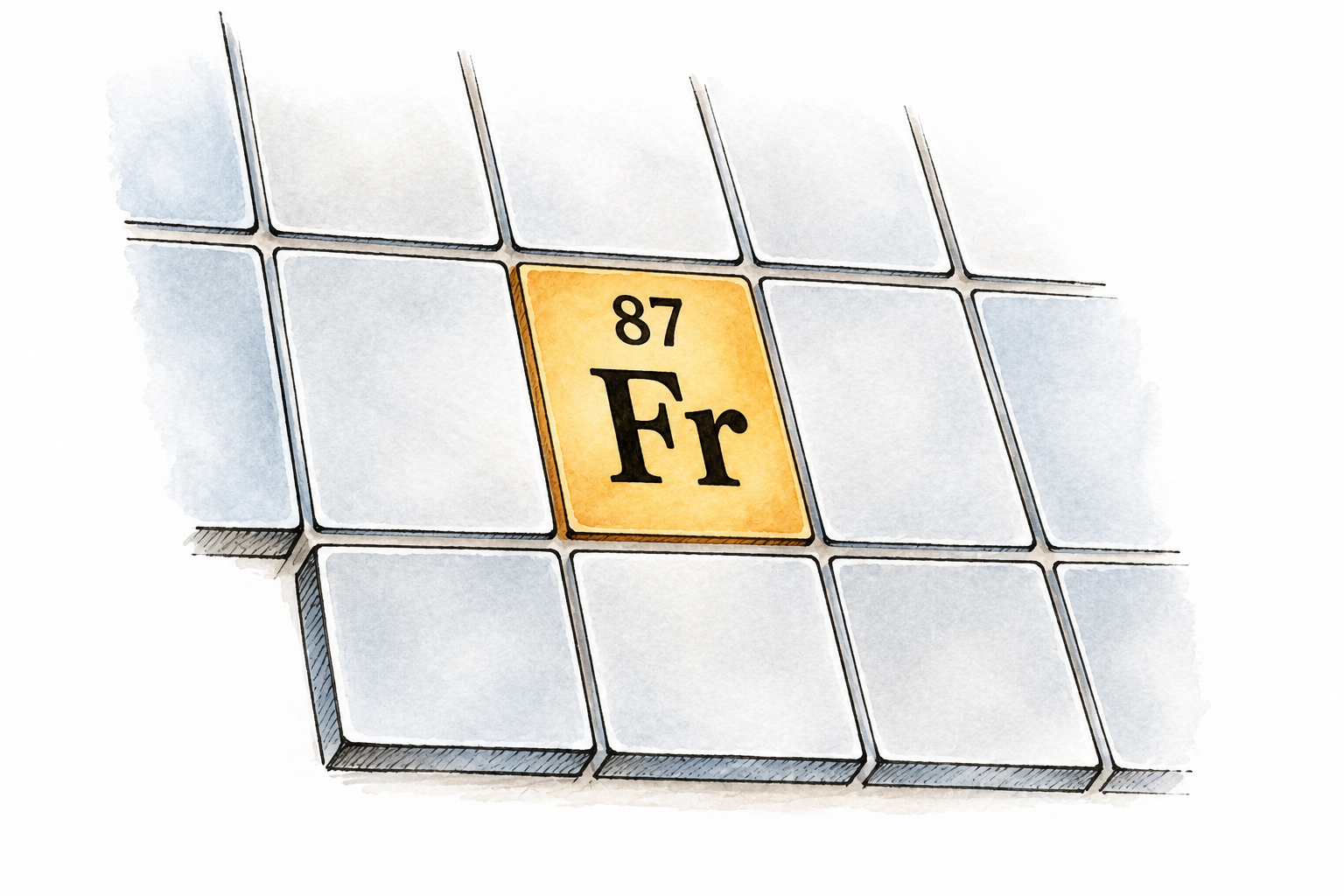 A periodic-table square highlighted with ONLY 87 and Fr, neighbouring cells blank; scientific element illustration with no sample material.