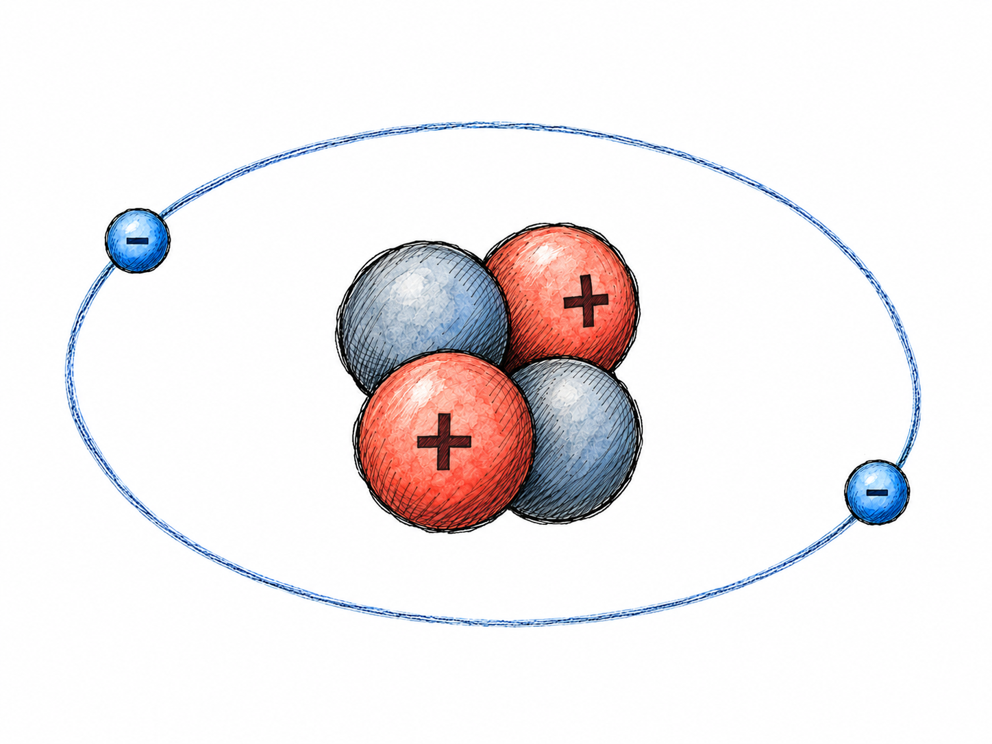 A simplified helium atom model with two positively marked protons and two unmarked neutrons clustered in its nucleus, surrounded by two small negative electrons.