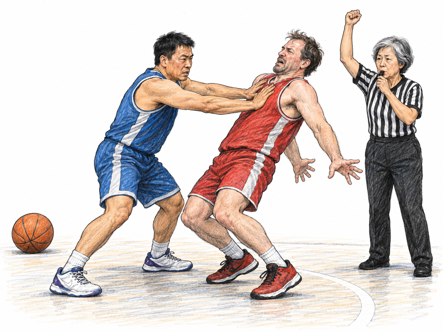 A recreational basketball player blatantly shoves an opponent in the chest with both hands, directly in front of a referee who raises a whistle to her mouth.