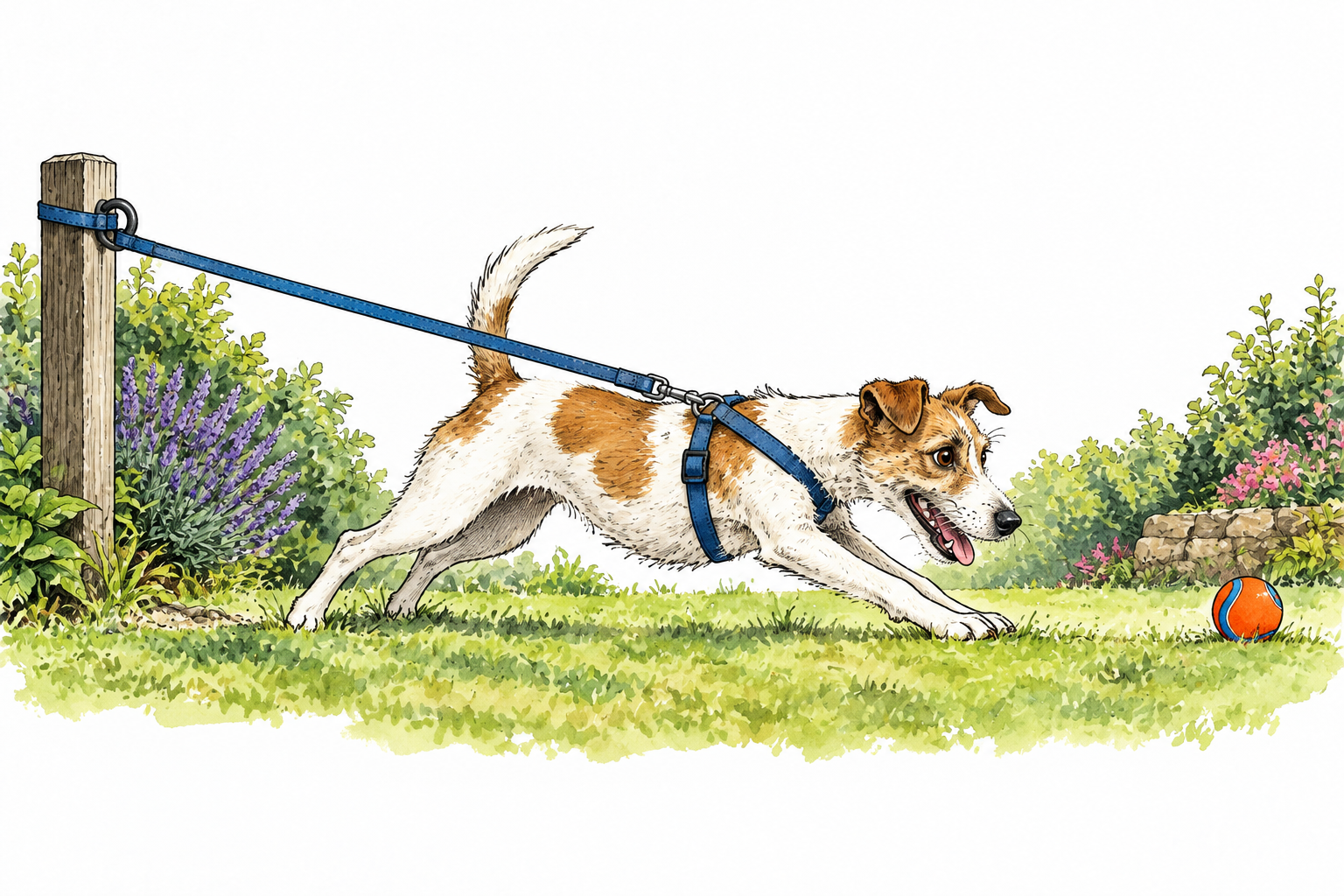 A healthy dog on a fully extended leash stops just short of a bright ball: taut leash from a securely fixed garden post establishes unmistakable maximum reach, dog comfortable with harness and alert, visible gap between its nose and the ball, natural garden, no words or markings.