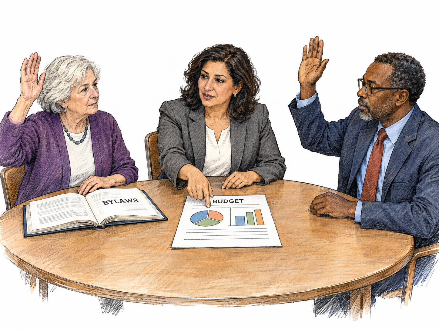 A community organization's board exercises governance through a formal vote on its budget, with an open rulebook visibly guiding the decision.
