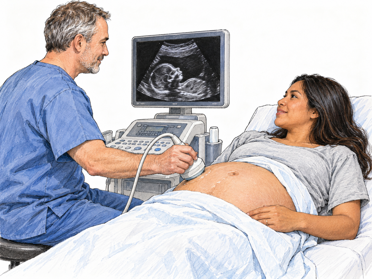 A clinician performs a prenatal ultrasound on a visibly pregnant woman, with the fetal profile clearly visible on the nearby monitor.