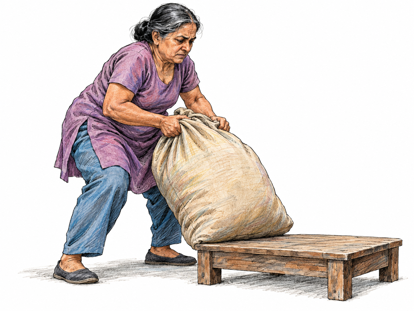 An older South Asian woman heaves a heavy, unmarked canvas sack onto a low platform, showing the effort through her braced stance, bent elbows, and tightened expression.