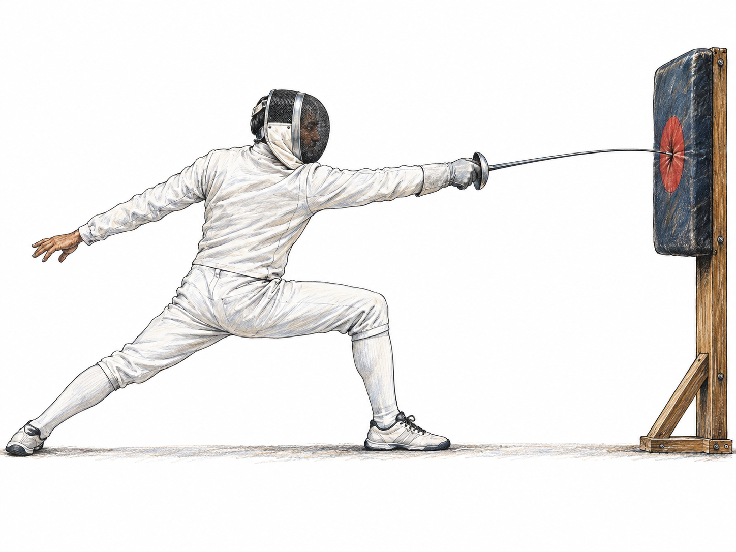 A fencer makes a forceful forward thrust, lunging with his foil into a padded practice target.