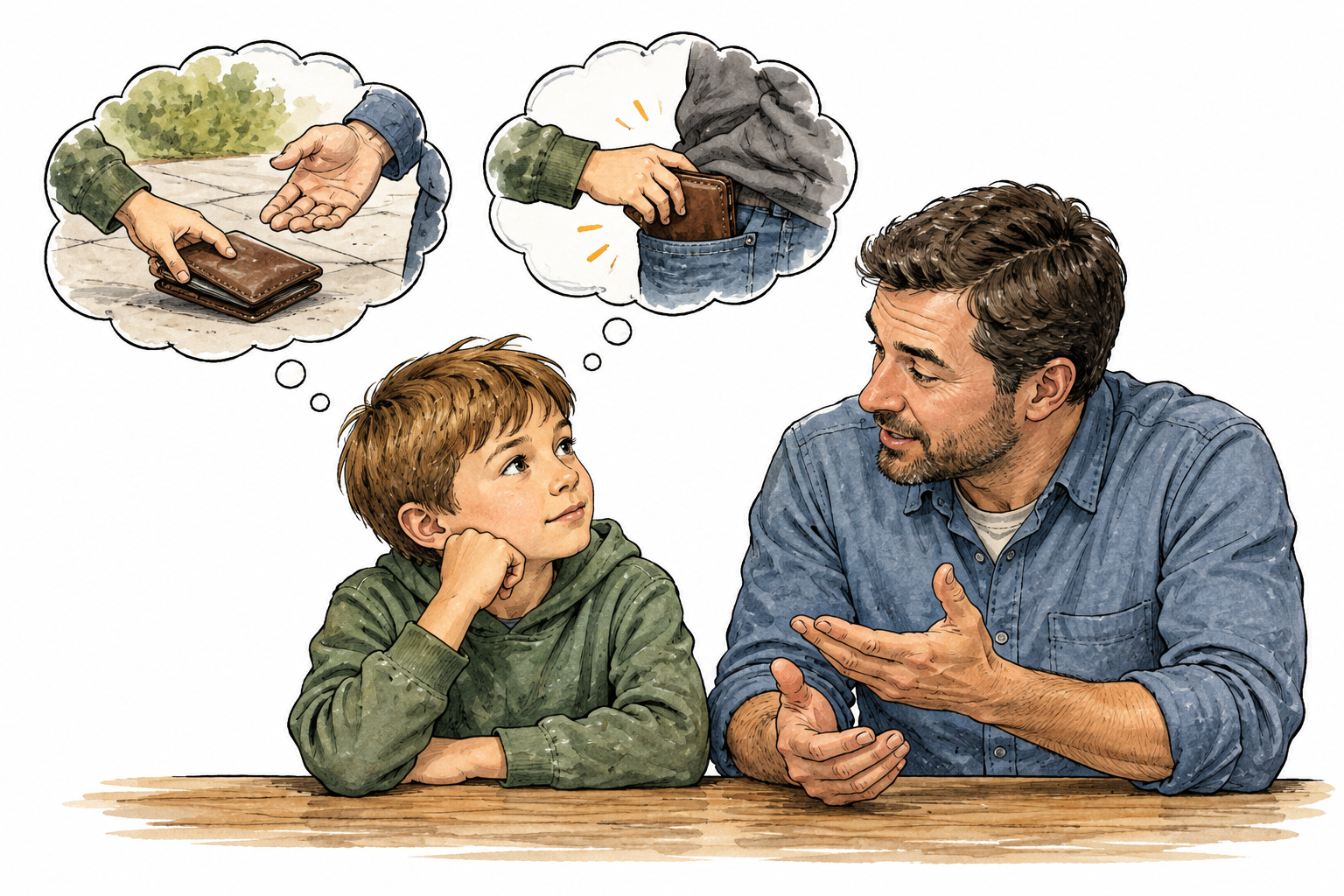 A parent discusses right and wrong with a child using a picture of returning a wallet versus taking it, simple ethical reflection.