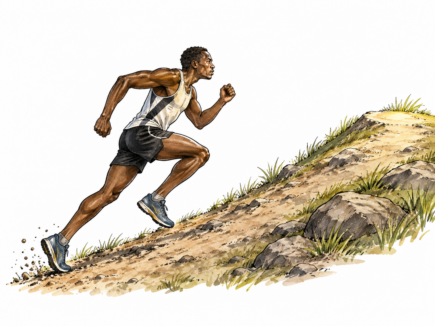 A determined Black distance runner pushes uphill toward a visible crest, exertion without injury.