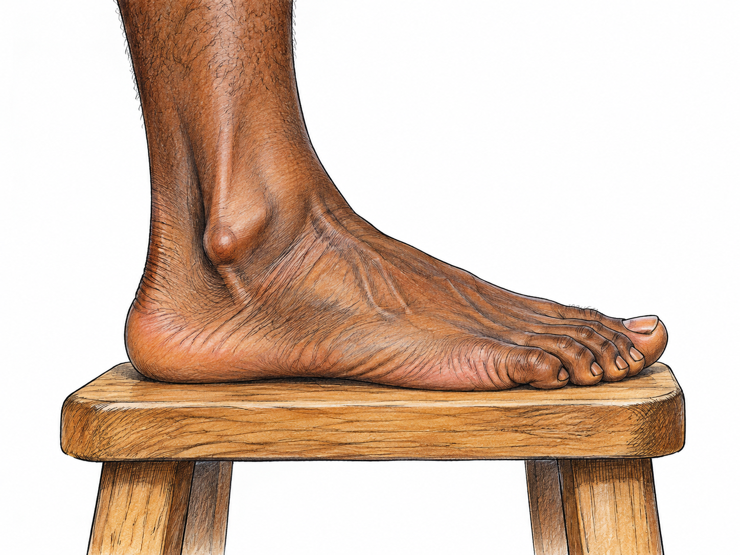 A bare foot rests sideways on a low stool with the ankle bones clearly articulated where foot meets leg; clean anatomical contours, no arrows, injury or diagram labels.