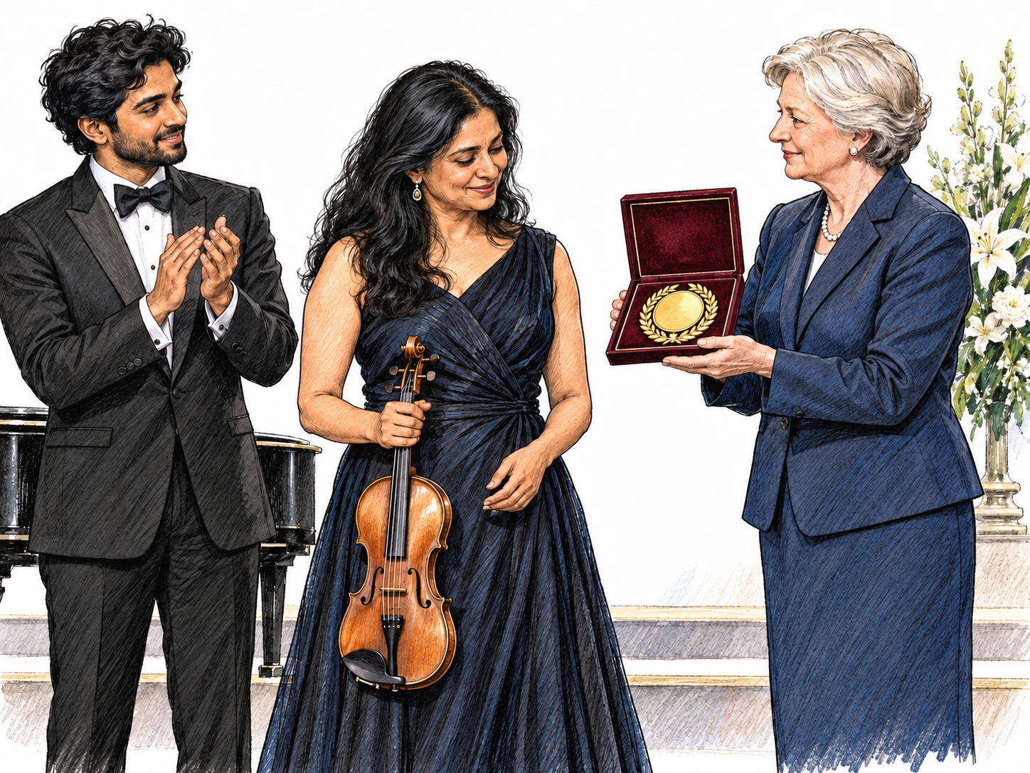 A distinguished musician receives an elaborate gold laurel medallion at a formal honors ceremony while an elegantly dressed attendee applauds admiringly.