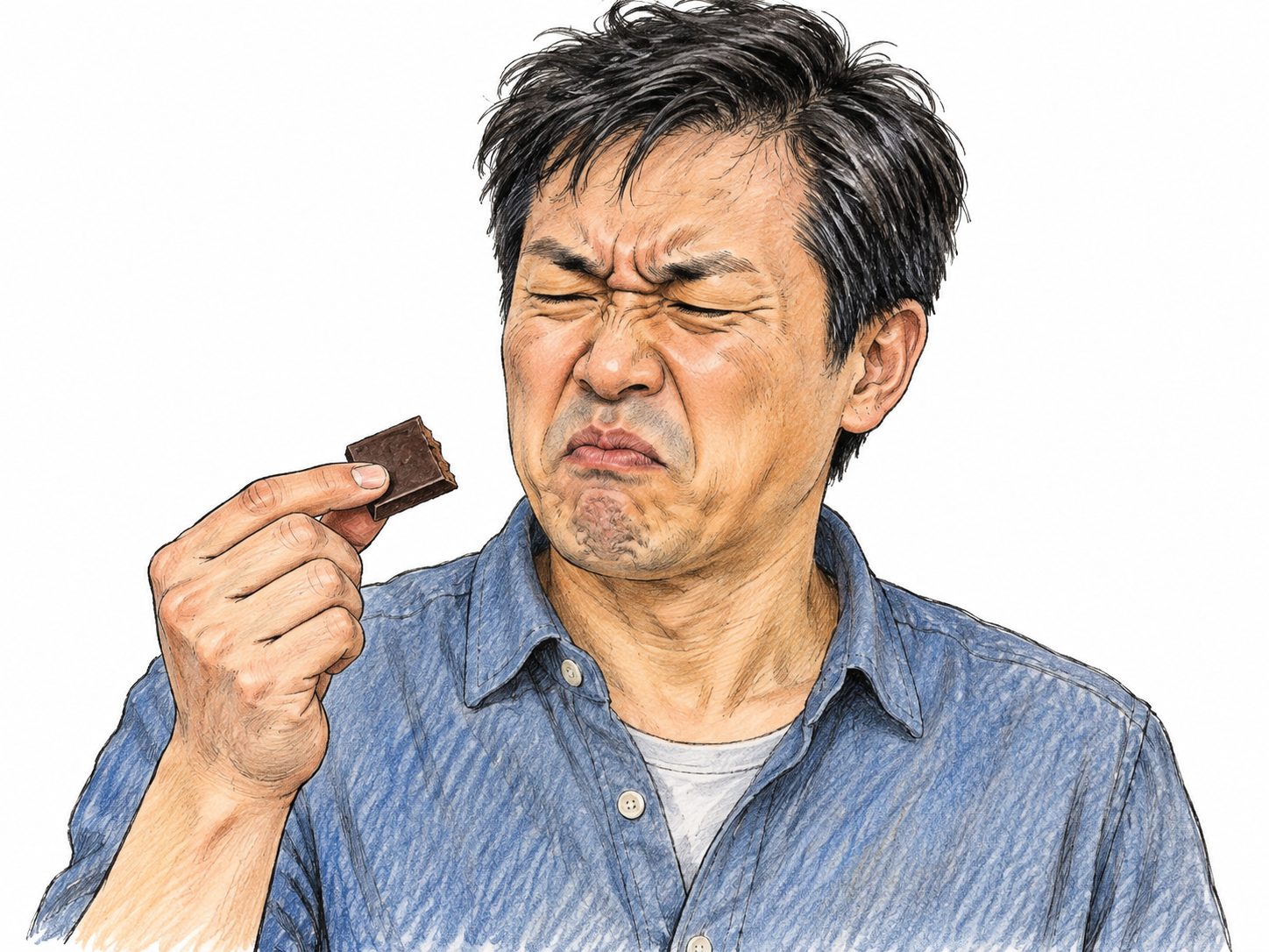 A man tastes a tiny piece of unsweetened dark chocolate and winces at its sharp unpleasant taste, a plain broken chocolate square in his hand; no branded wrapper.