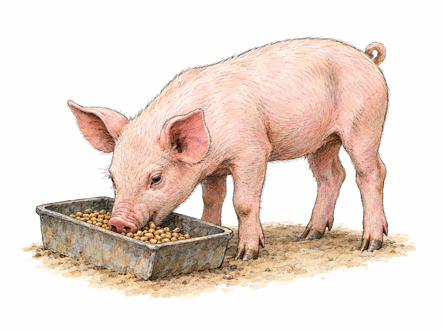 A small juvenile pig independently eating dry pig-feed pellets from a low trough, with its young proportions and solid-food diet emphasizing a weaned pig rather than a nursing piglet or mature hog.