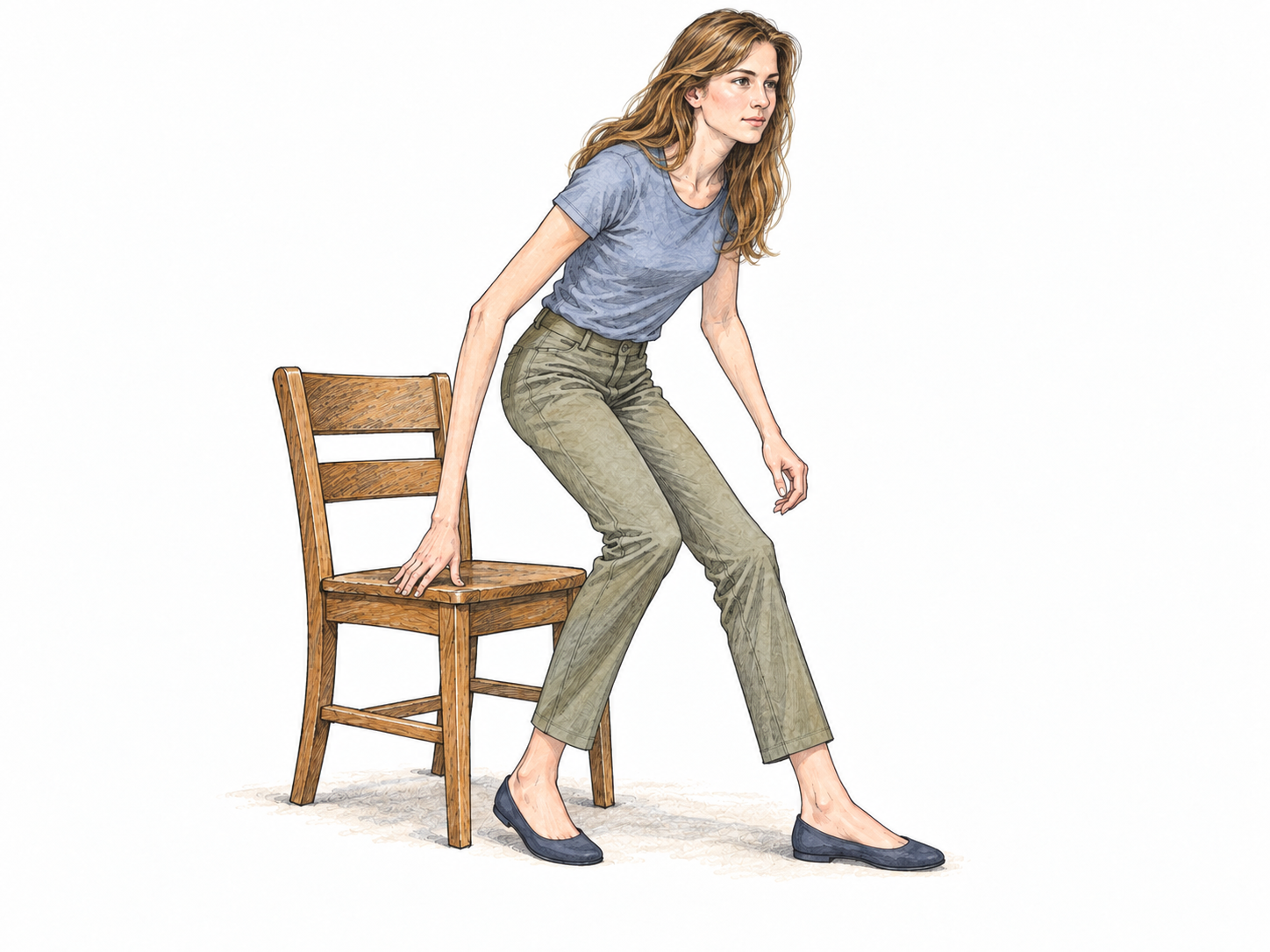 A tall, slender young woman awkwardly unfolds herself from a normal-sized chair, with long knees and elbows projecting at ungainly angles.