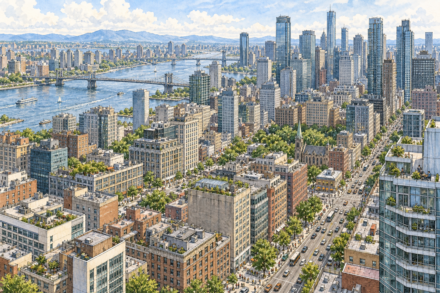 Large densely populated modern city with many blocks of buildings busy streets and high-rises, aerial perspective, no signage.
