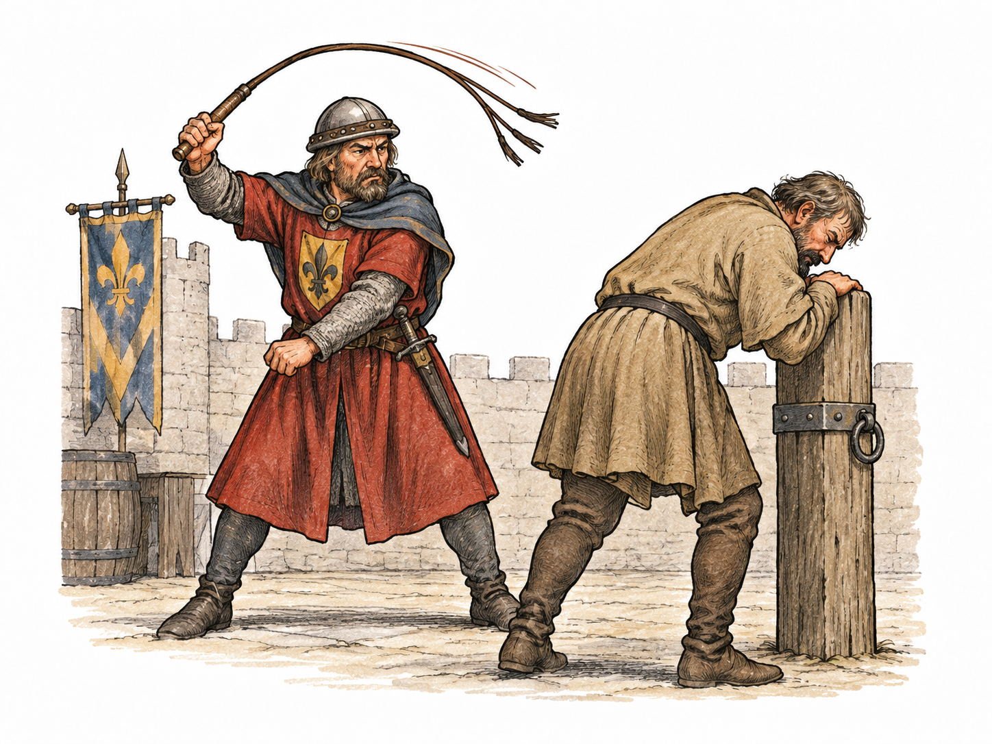 Sober non-graphic historical disciplinary scene, two fully clothed adults: official swings a short leather lash toward the other adult's clothed back; clearly punitive setting, no blood, nudity, wounds or erotic framing.
