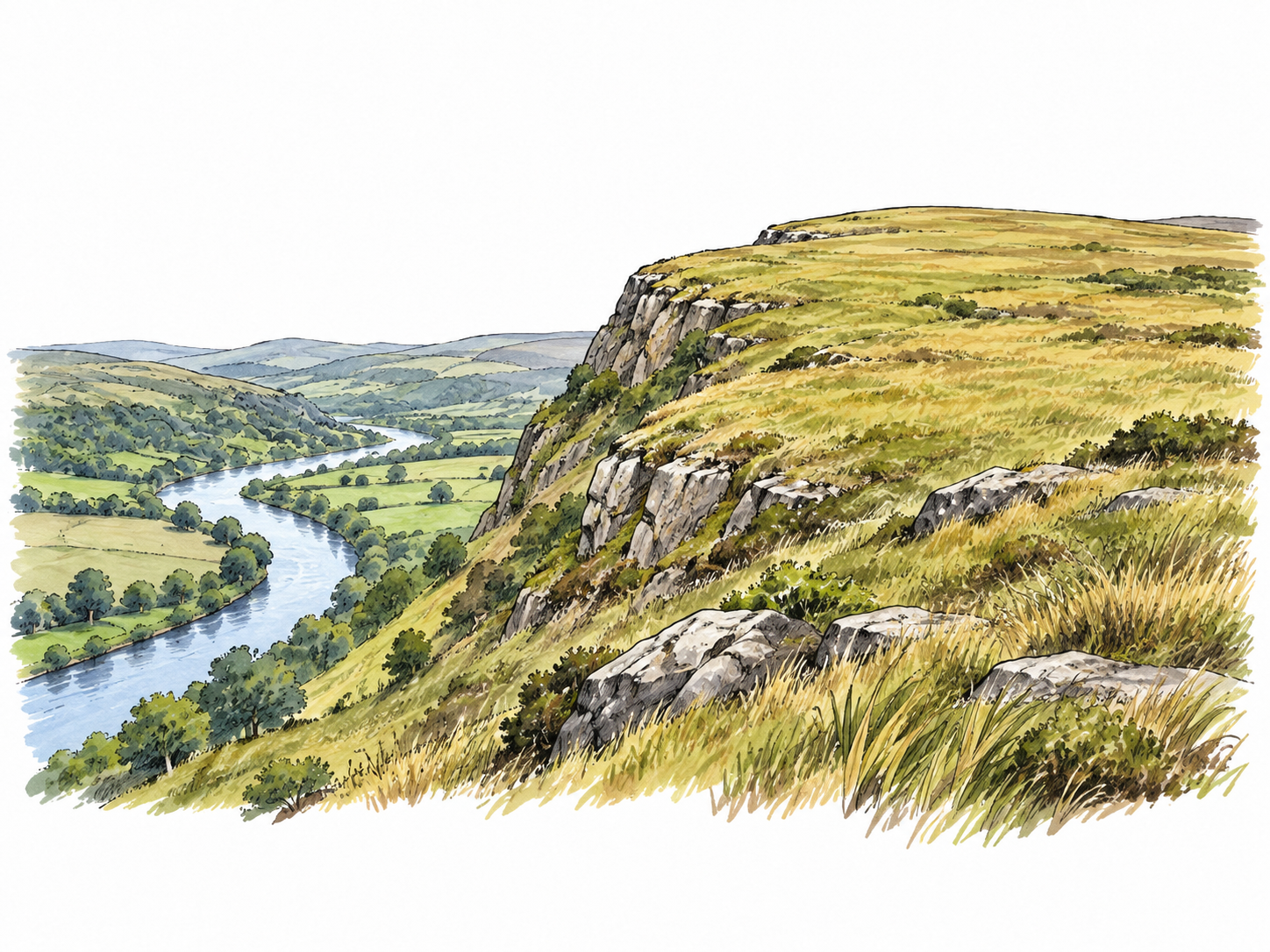 Broad grassy uplands rise above a low river valley.