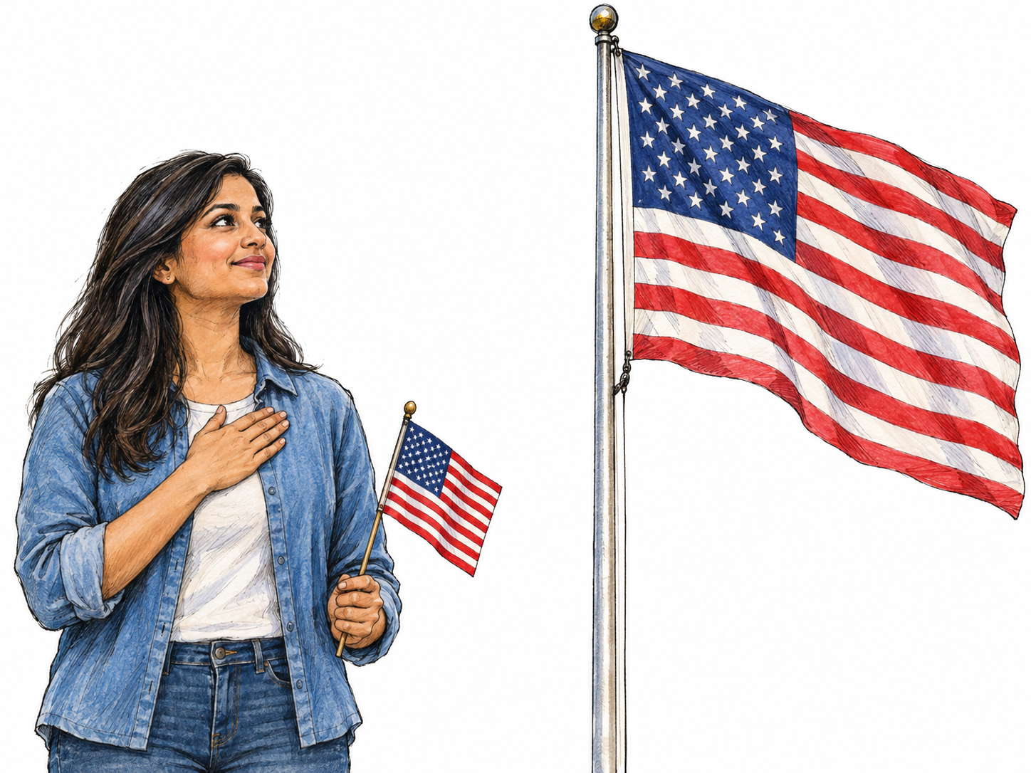 A young woman stands respectfully with her right hand over her heart, looking proudly toward a raised United States flag while holding a small matching flag in her left hand.