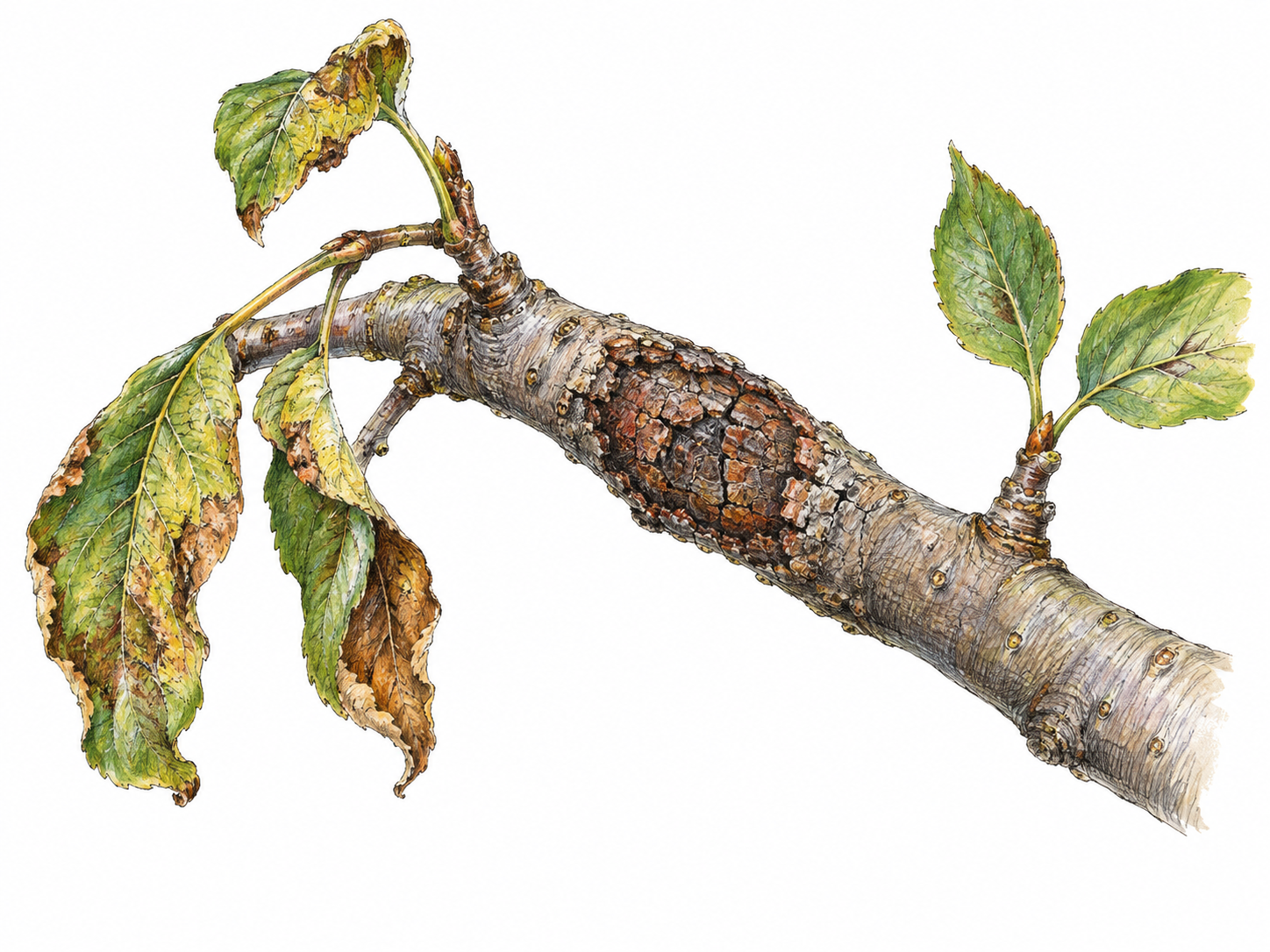 Apple twig with one sunken cracked bark canker lesion and sparse adjacent wilted leaves, healthy bark nearby for contrast; plant disease sense, no human wound.