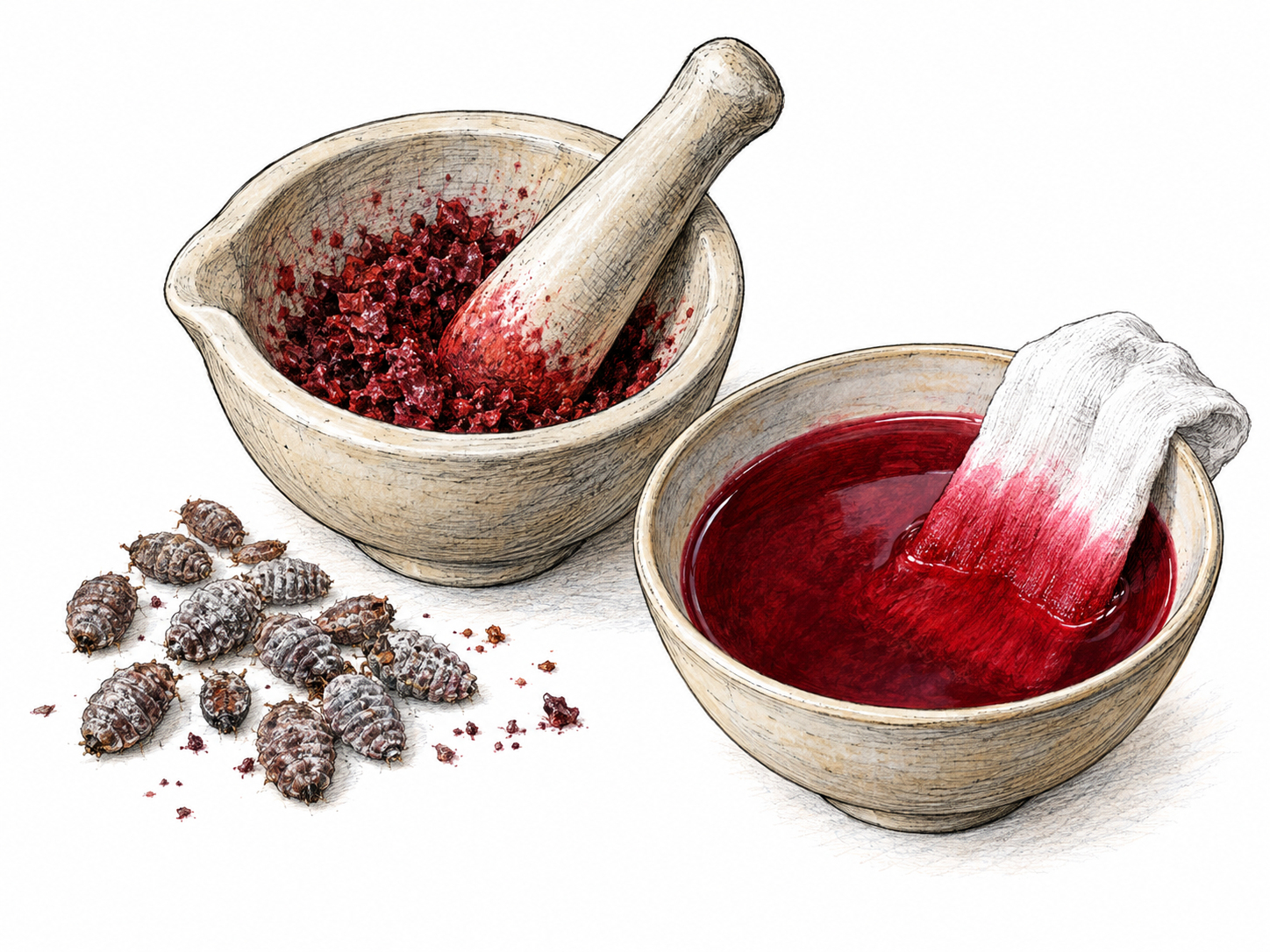 An object-only still life showing dried cochineal scale insects beside a small mortar containing crushed crimson pigment, with a shallow bowl of red dye and a partly dipped white cloth showing the resulting color.