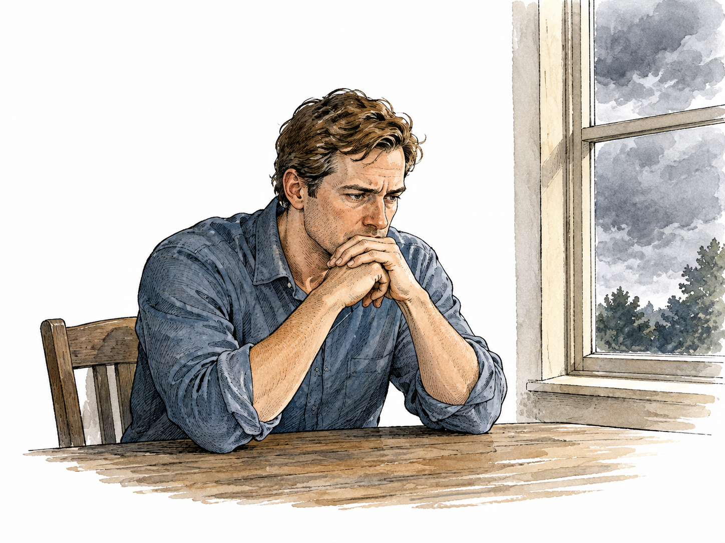 A white adult sits alone beneath a window with a dark thoughtful expression and folded hands.