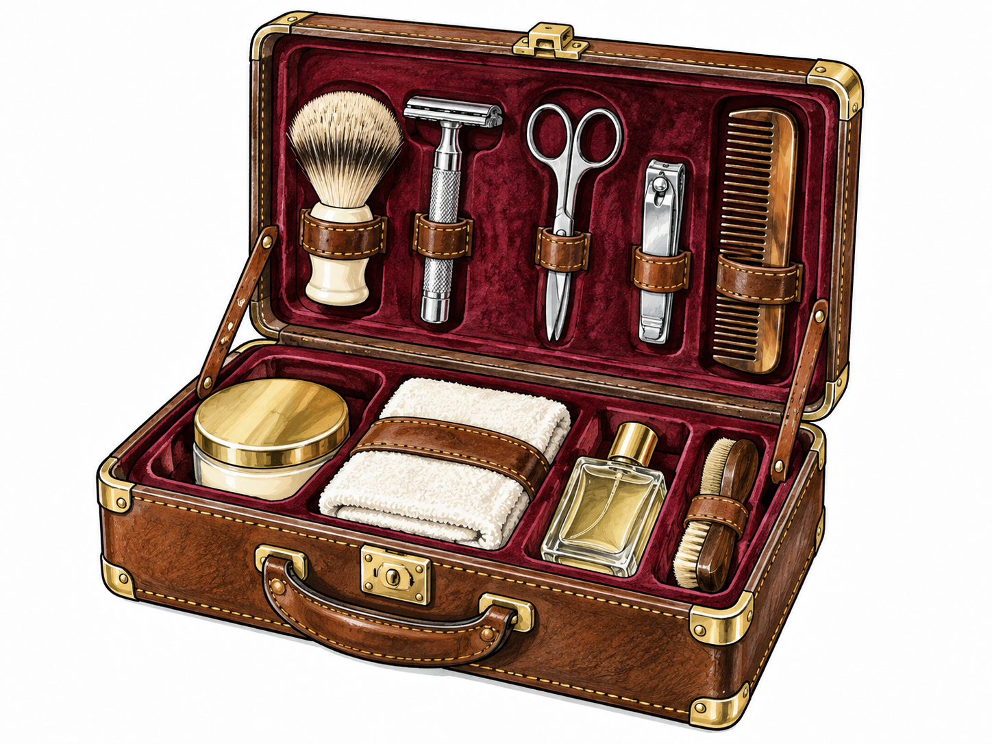 An open luxurious travel case contains carefully fitted complete high-quality grooming tools, velvet lining, elegant craftsmanship, no brand.
