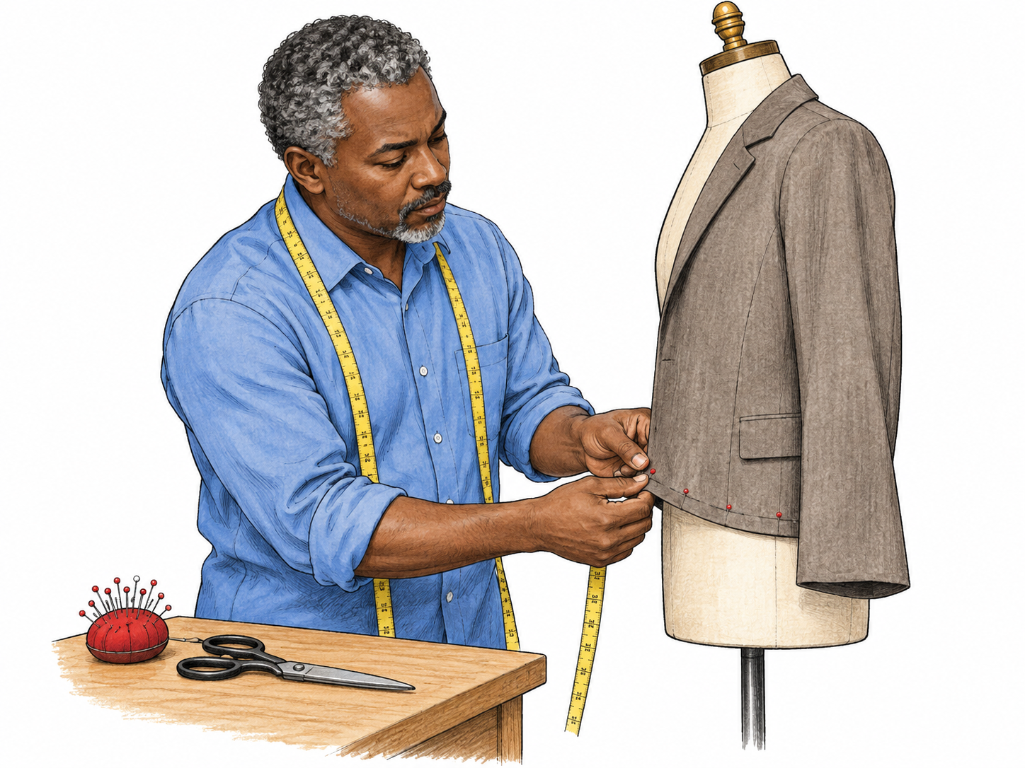 Tailor pins hem of plain jacket on dress form while holding tape measure, scissors closed on small table; skilled clothing alteration, accurate hands, no shop backdrop or branding.