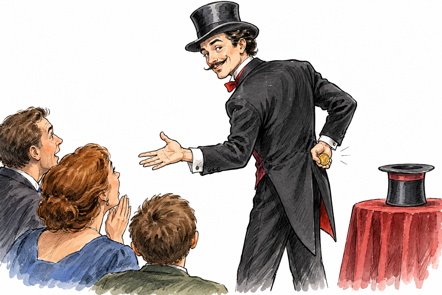 A conjurer secretly transfers coin behind back while audience watches empty hand, concealed truth and misleading attention, no text.