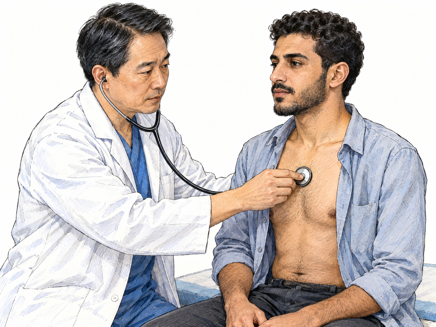 A doctor listens to a seated patient's chest with a stethoscope during a focused clinical examination.