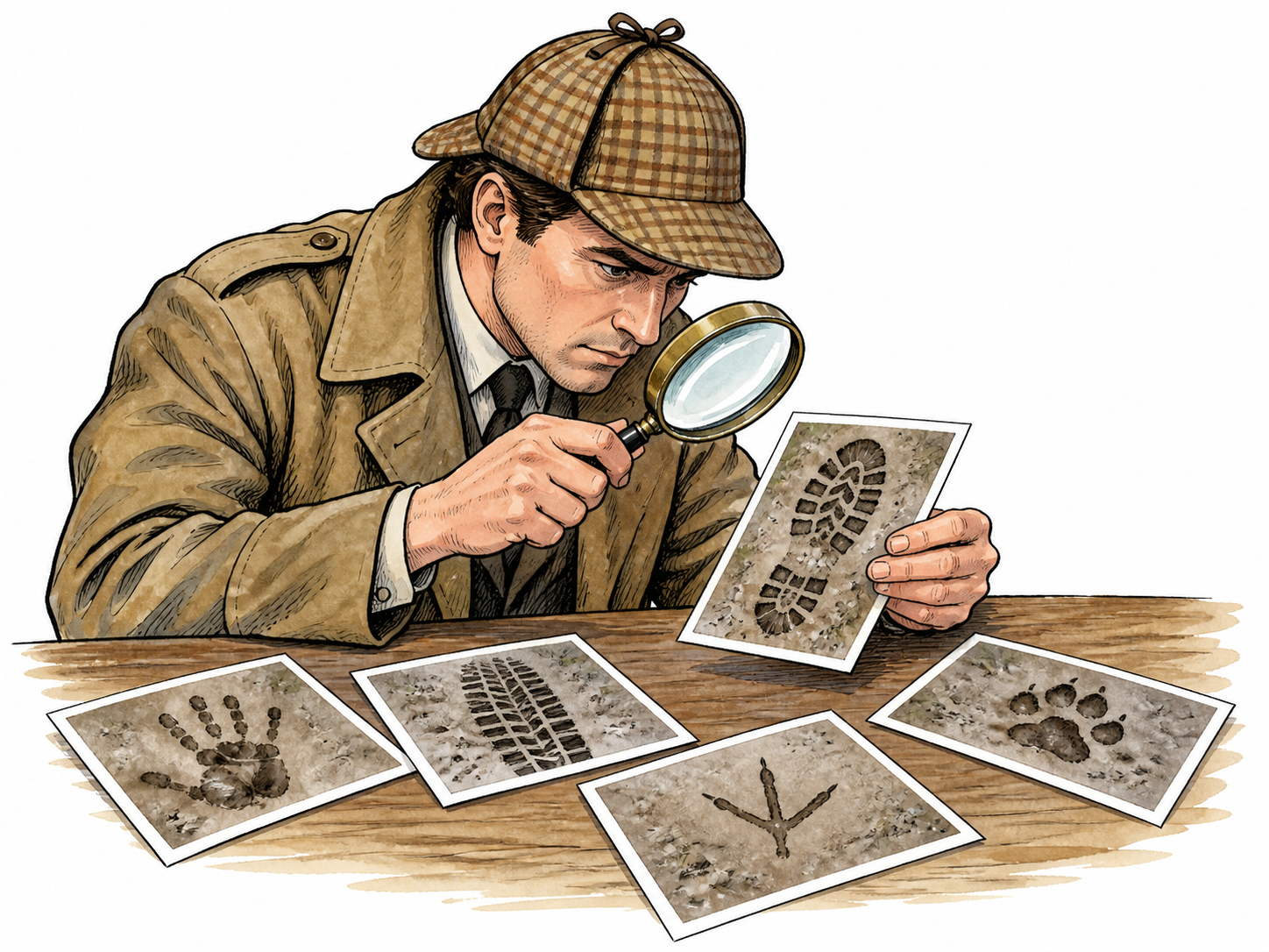 A detective selects the one matching footprint photograph from several unrelated documents, directly relevant evidence.