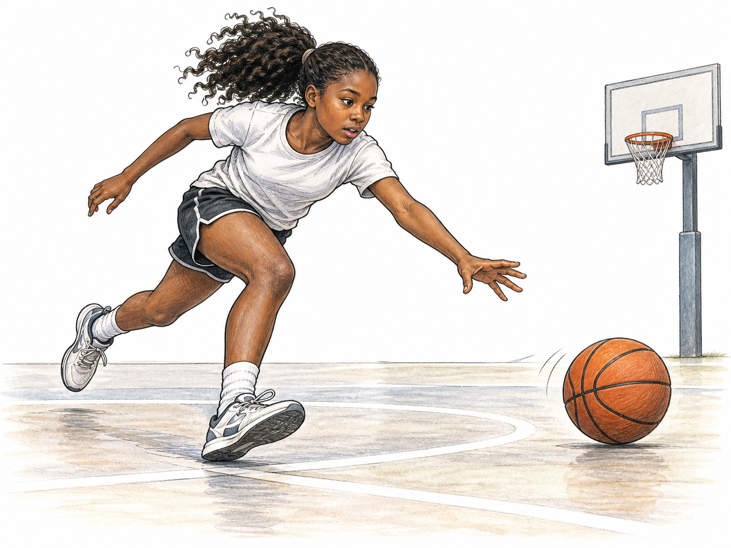 Runner actively chases a loose rolling basketball down a court, leaning forward with outstretched arms and clear following direction; realistic anatomy and no team logos.
