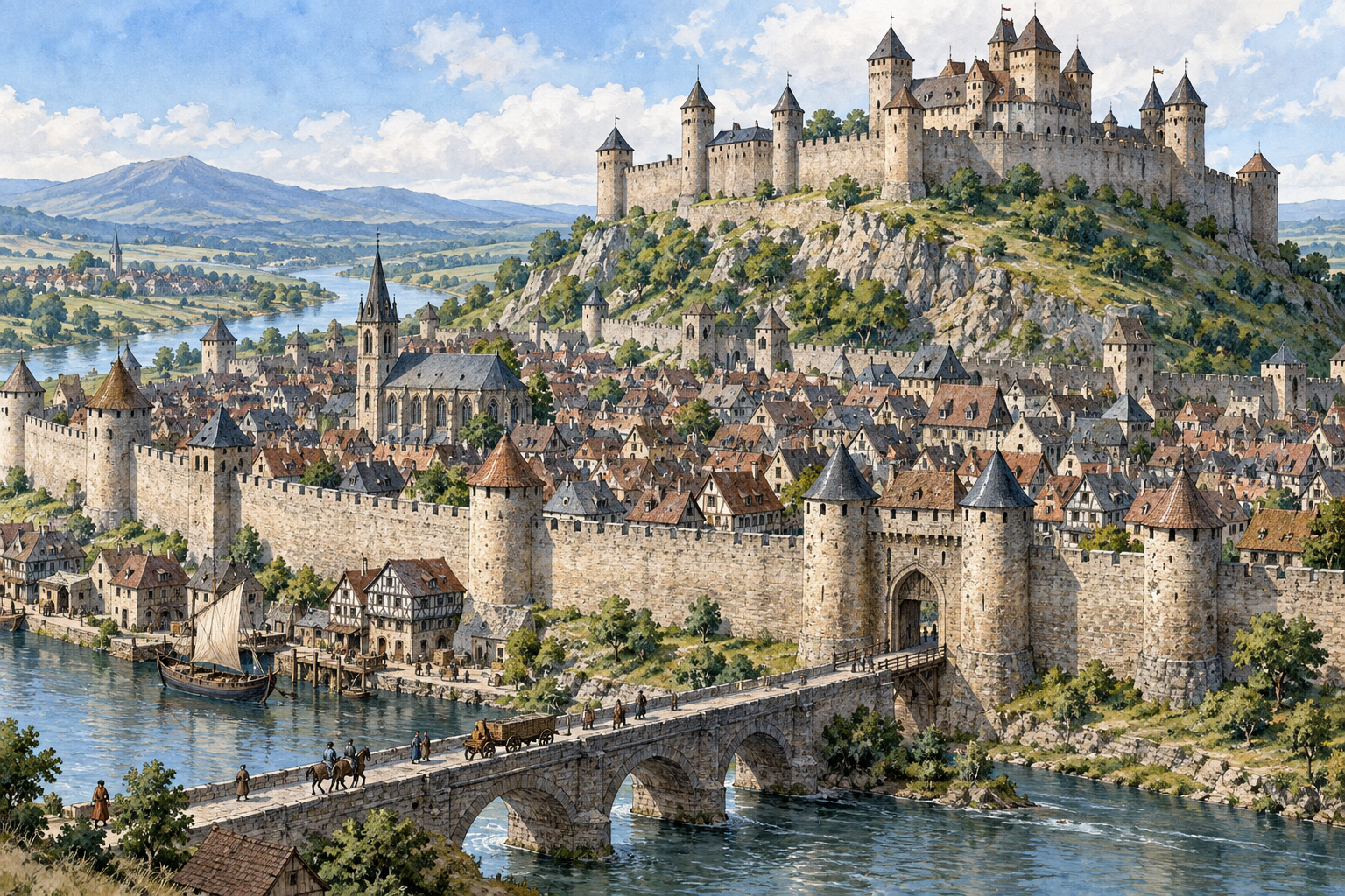 Walled citadel rises above dense medieval city, fortress protecting town with thick defensive walls gate and towers, realistic geography.