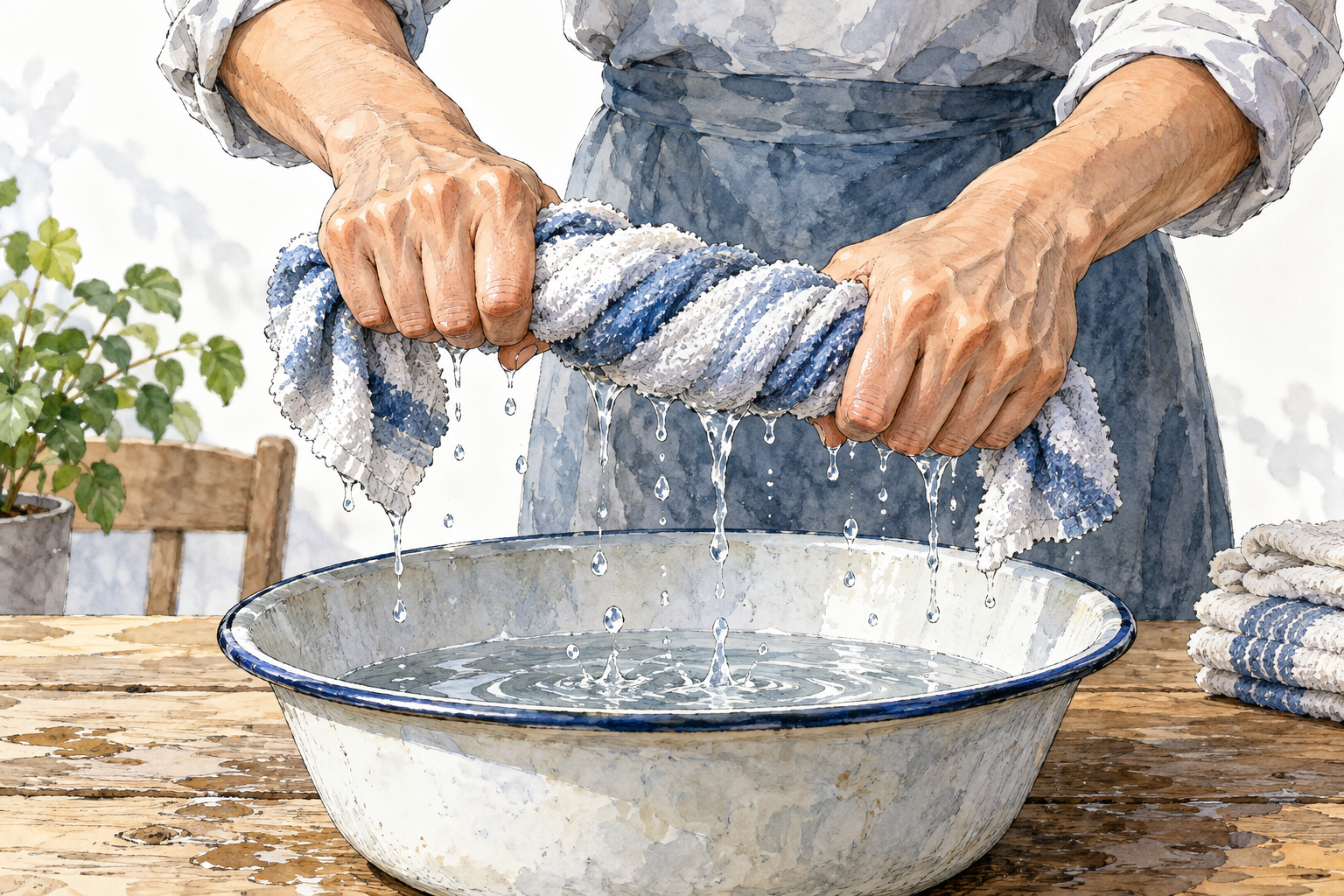 Hands twist wet towel tightly over basin, water visibly squeezed out in drops.