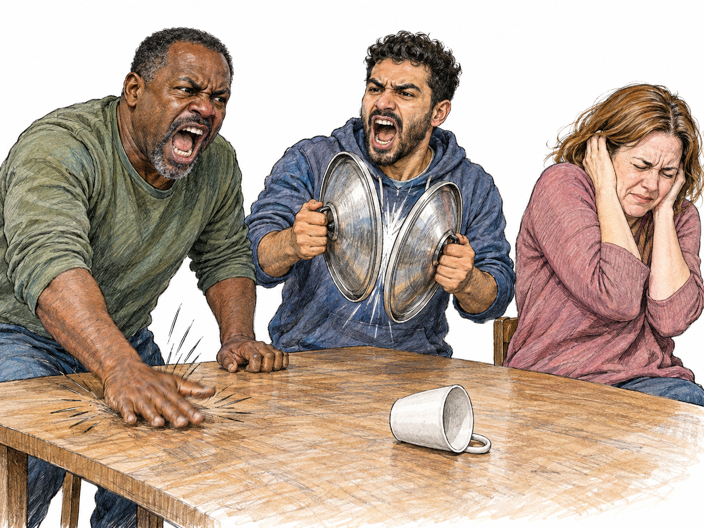A disorderly burst of shouting and clattering at a table: two men lean forward with mouths wide open, one pounding the tabletop while the other crashes two metal pot lids together.