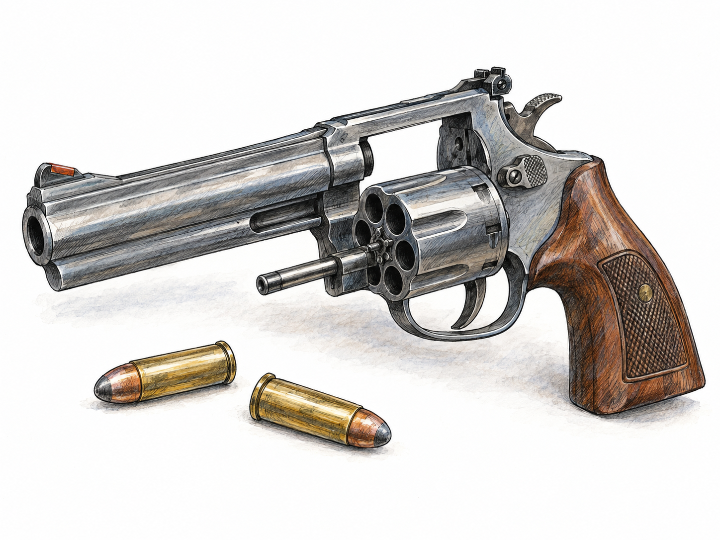 An isolated still life of a large-frame magnum revolver with its cylinder swung open and two matching cartridges beside it, illustrating the firearm-and-ammunition sense without people.