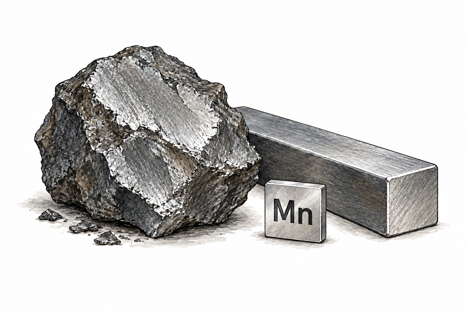 A hard gray manganese metal specimen beside a small steel bar, tiny element label 'Mn'.