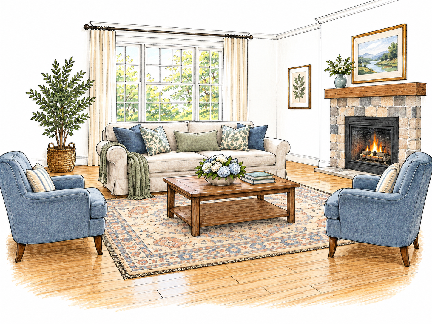 A spacious comfortable sitting room shows generous clear passage around a sofa and two chairs; restrained room vignette with white outer ground.