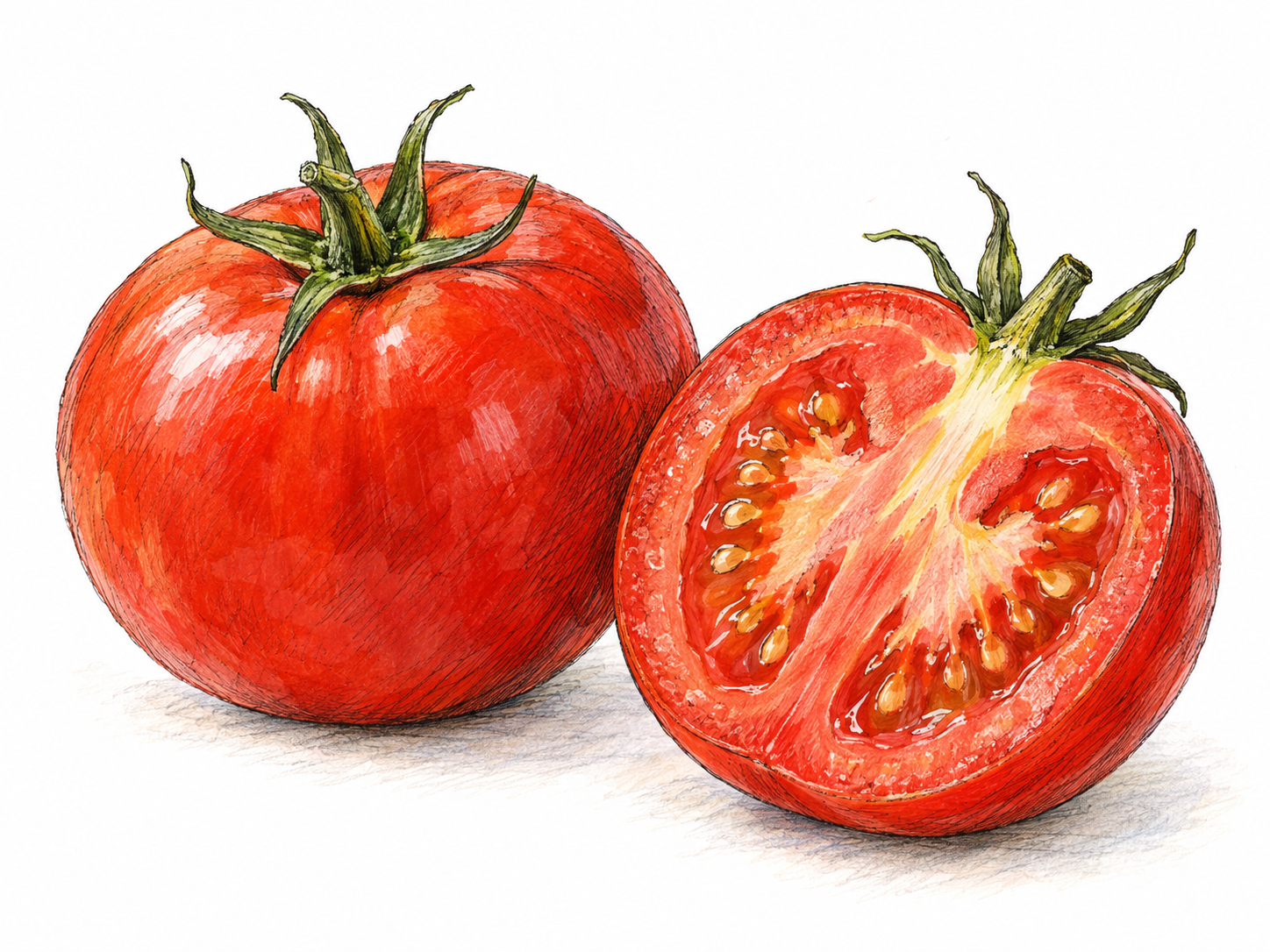 A close, simple still life of ripe red tomatoes, with one cut open to reveal equally red flesh, making the shared color unmistakable.