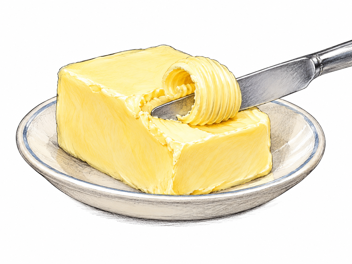 Soft yellow butter pat with curl sliced by butter knife on small dish, creamy fat texture clear; no packaging, writing or bread feast.