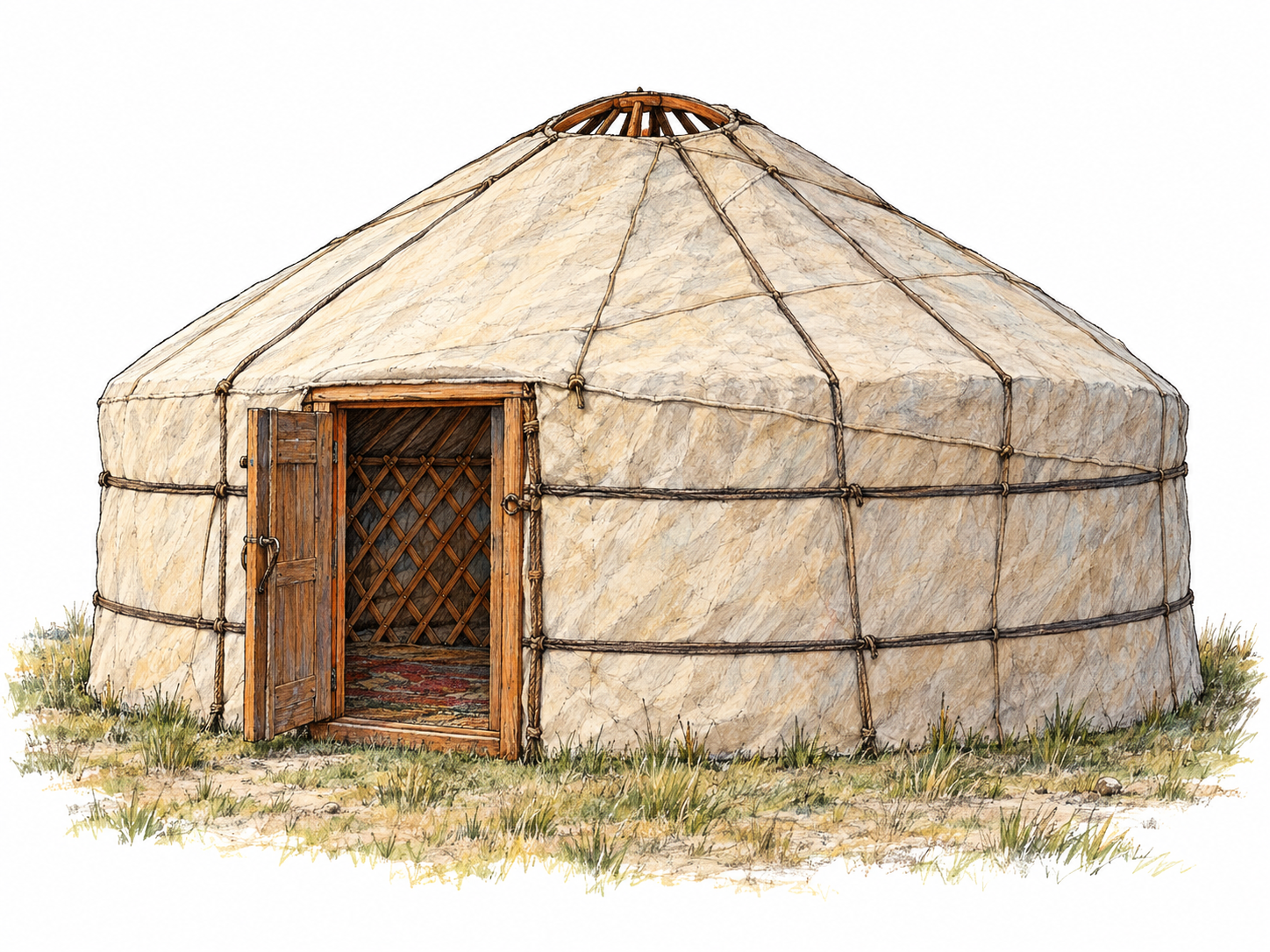 A traditional Central Asian yurt shown in three-quarter view, with round felt-covered walls, a low conical roof, securing bands, and an open doorway revealing its collapsible wooden lattice.
