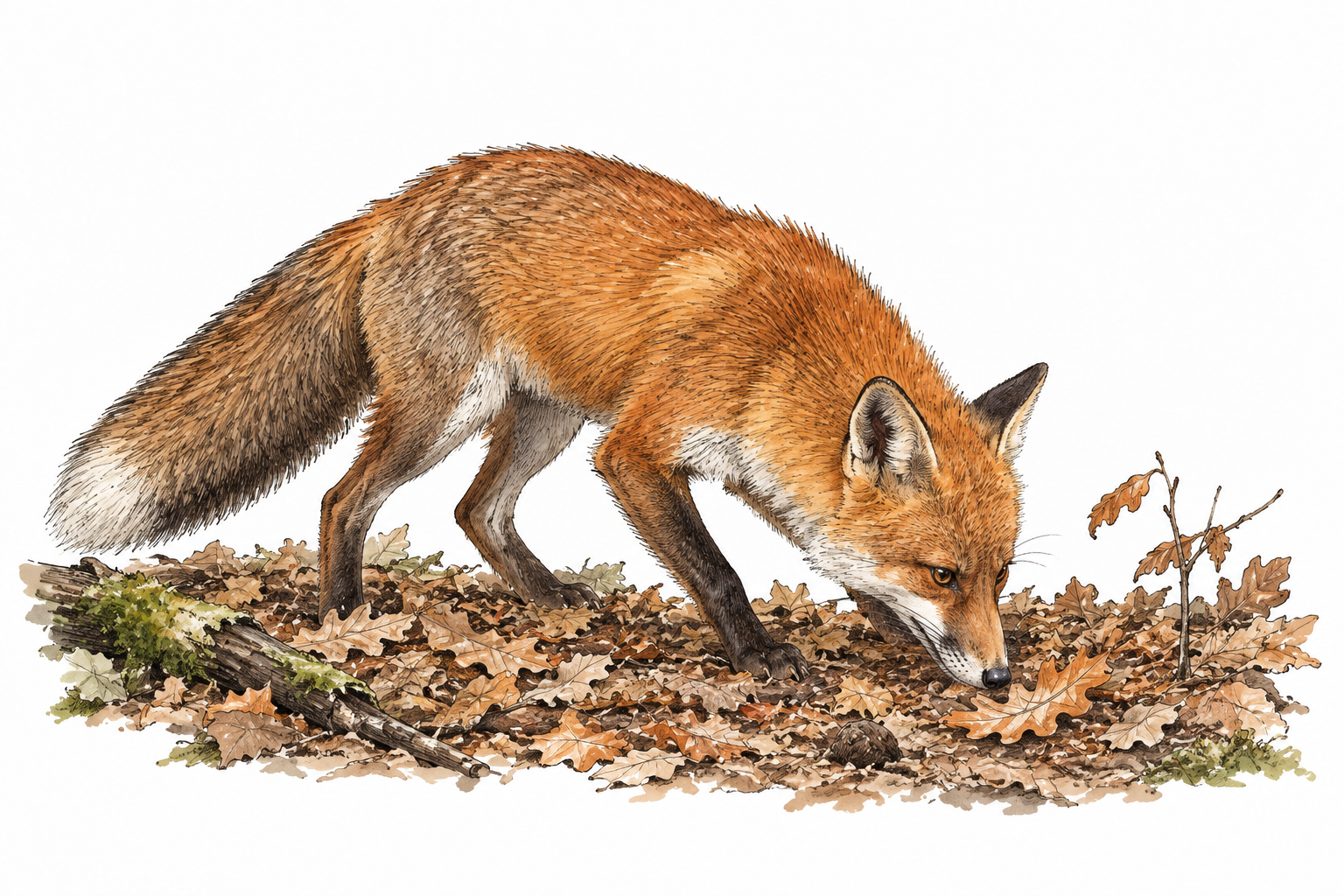 A fox searches widely through leaf litter for food, nose close to ground and attentive ears.