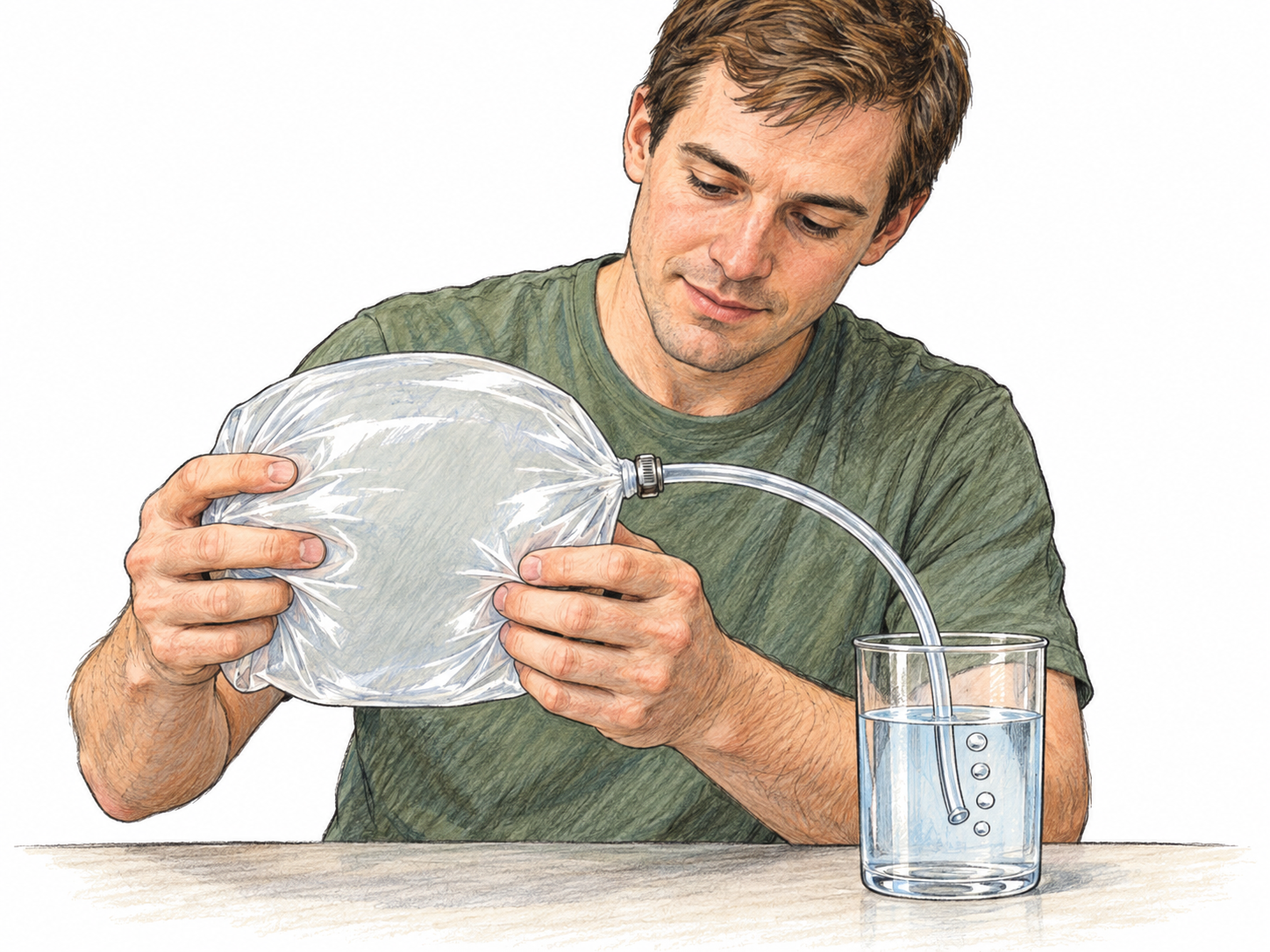 Invisible air made recognizable through its effects: a transparent bag bulges with trapped air, and compressing it sends bubbles through a submerged tube, although no substance is visible inside the bag or the dry portion of the tube.