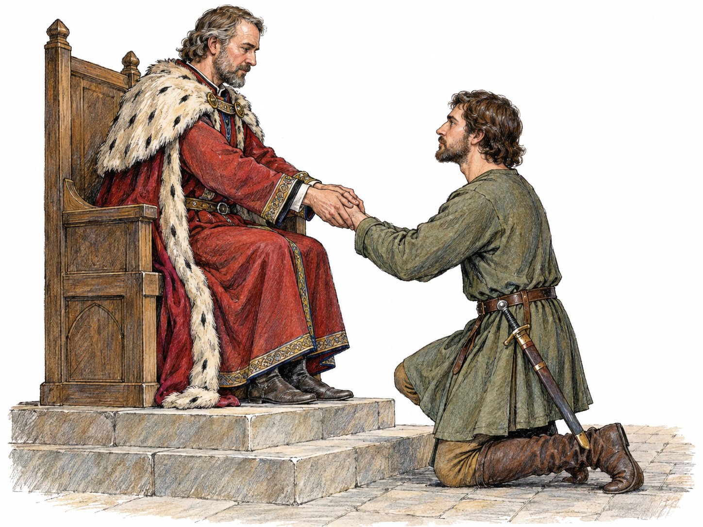 A medieval feudal lord receives a kneeling vassal’s homage, enclosing the vassal’s joined hands between his own.