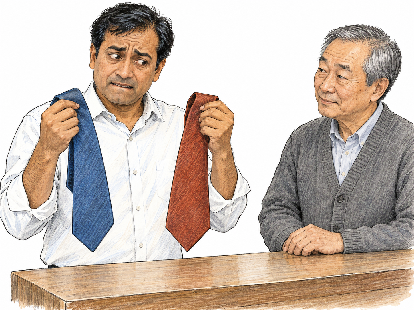 A visibly anxious shopper wavers between two neckties, holding both against his shirt without choosing while a shop assistant waits.