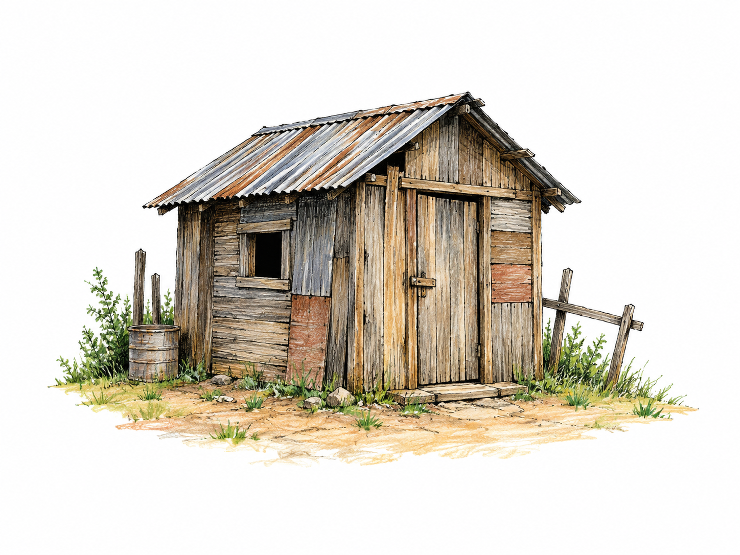 Small crudely built timber hut with patched plank walls and simple corrugated roof, visibly makeshift but intact, isolated on small ground patch; no residents, poverty caricature or text.