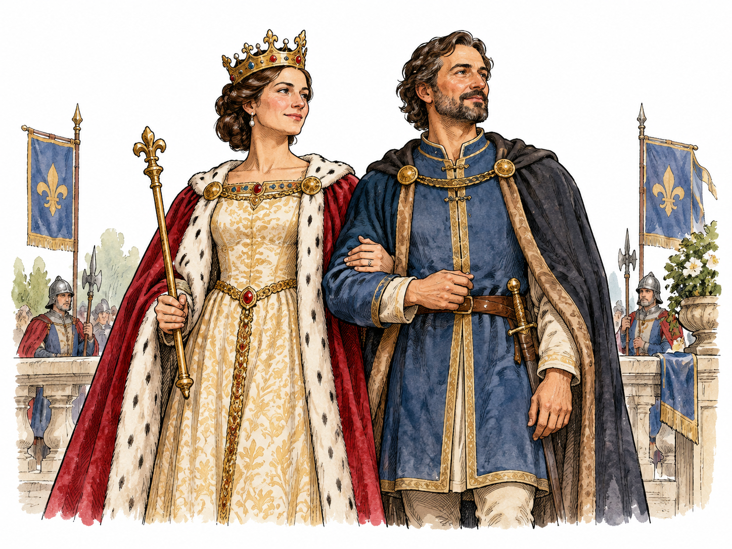 A crowned queen stands beside her uncrowned husband at a royal ceremony, equal companionship.