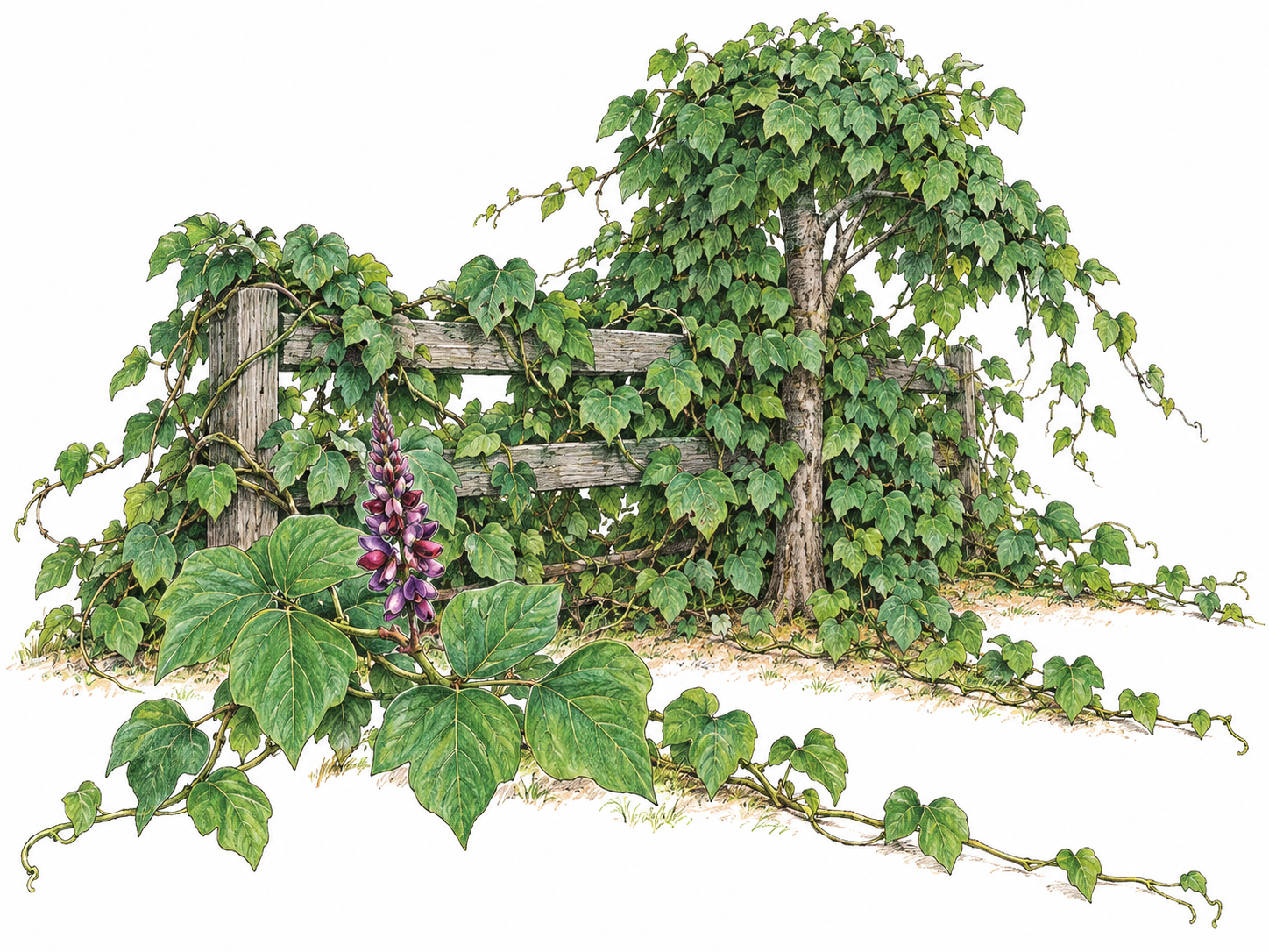A botanically recognizable kudzu vine overruns a short rural fence and smothers a small tree, with large foreground trifoliate leaves and a purple flower cluster making the plant identifiable.
