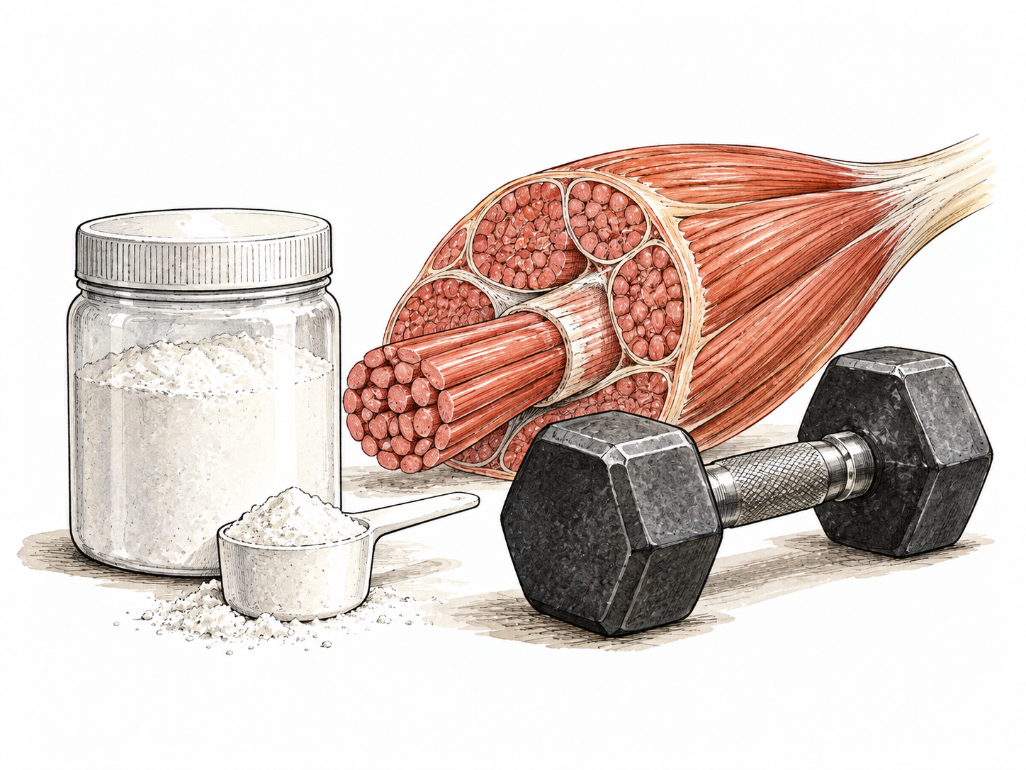A plain jar of white supplement powder beside a non-graphic muscle-fiber model and exercise dumbbell, no claims or dosage.